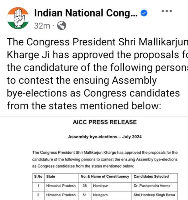 हिमाचल में नालागढ़ और हमीरपुर सीट के टिकट दिए  ; देहरा फंसा पेंच